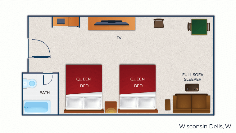 The floor plan for the Double Queen Sofa Suite (Balcony/Patio)